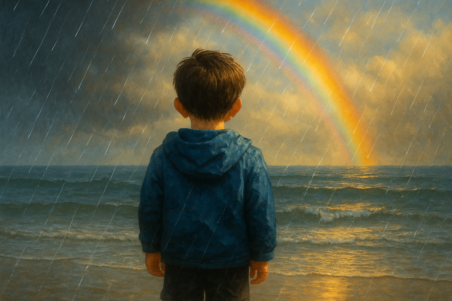 Tear Company Mission – child at soft rain experiencing moments and rainbow